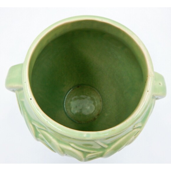 McCoy Pottery Green Leaf Embossed Handled Urn Vase 1940s Early Pastels 8.5 Inch - Picture 5 of 10